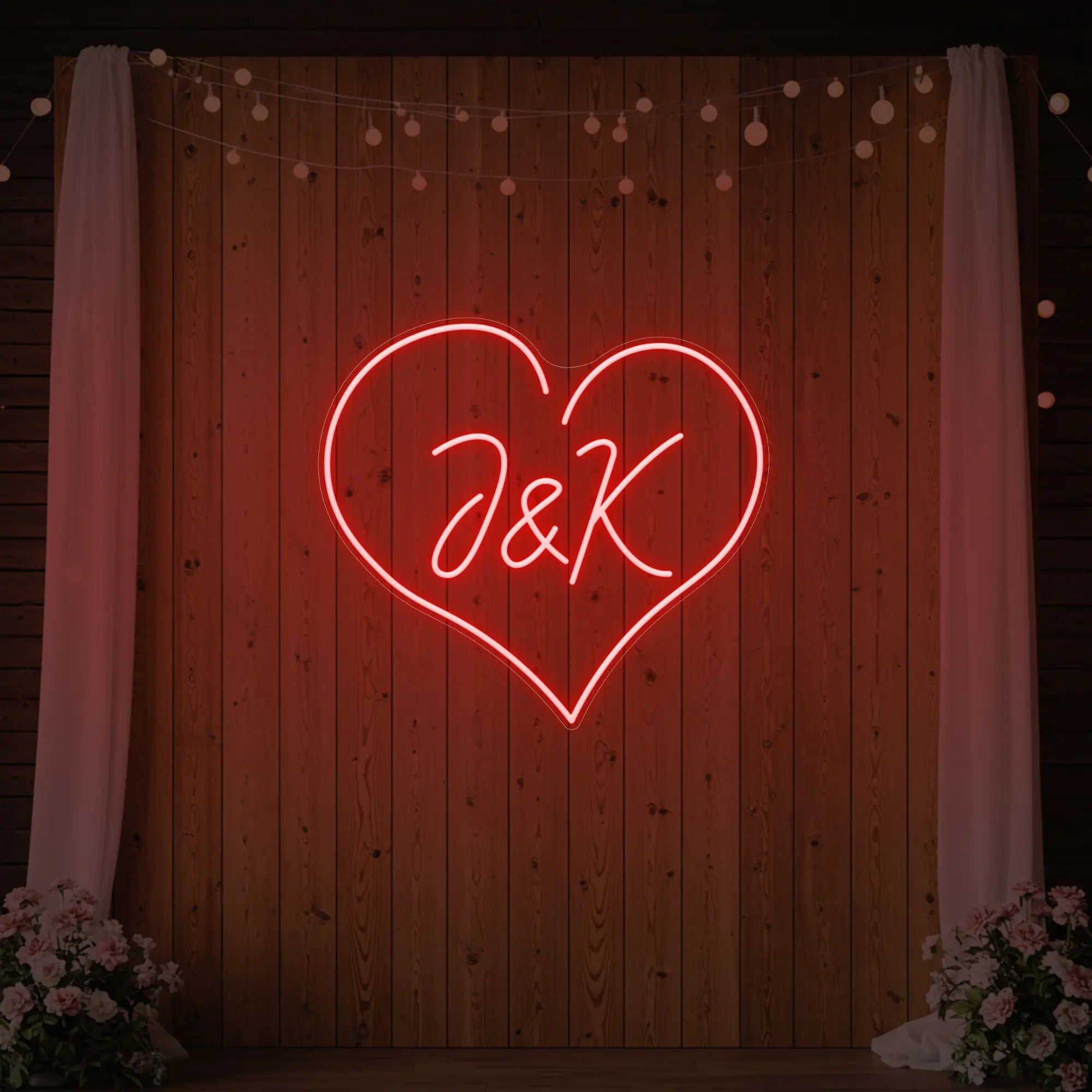 Photo of the 'Wedding Initials Custom Neon Sign V5' neon sign glowing in red against a styled interior wall.