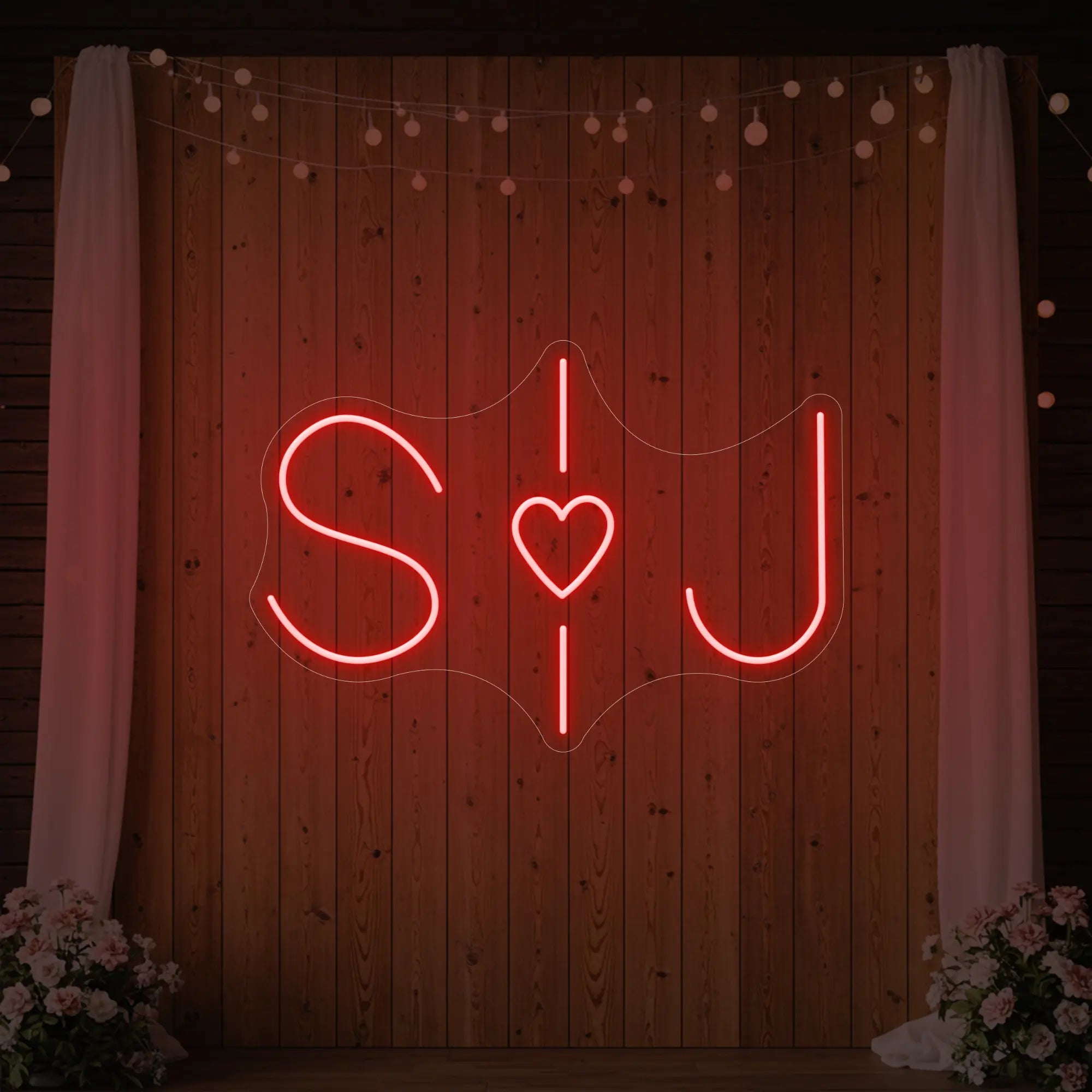 Photo of the 'Wedding Initials Custom Neon Sign V6' neon sign glowing in red against a styled interior wall.