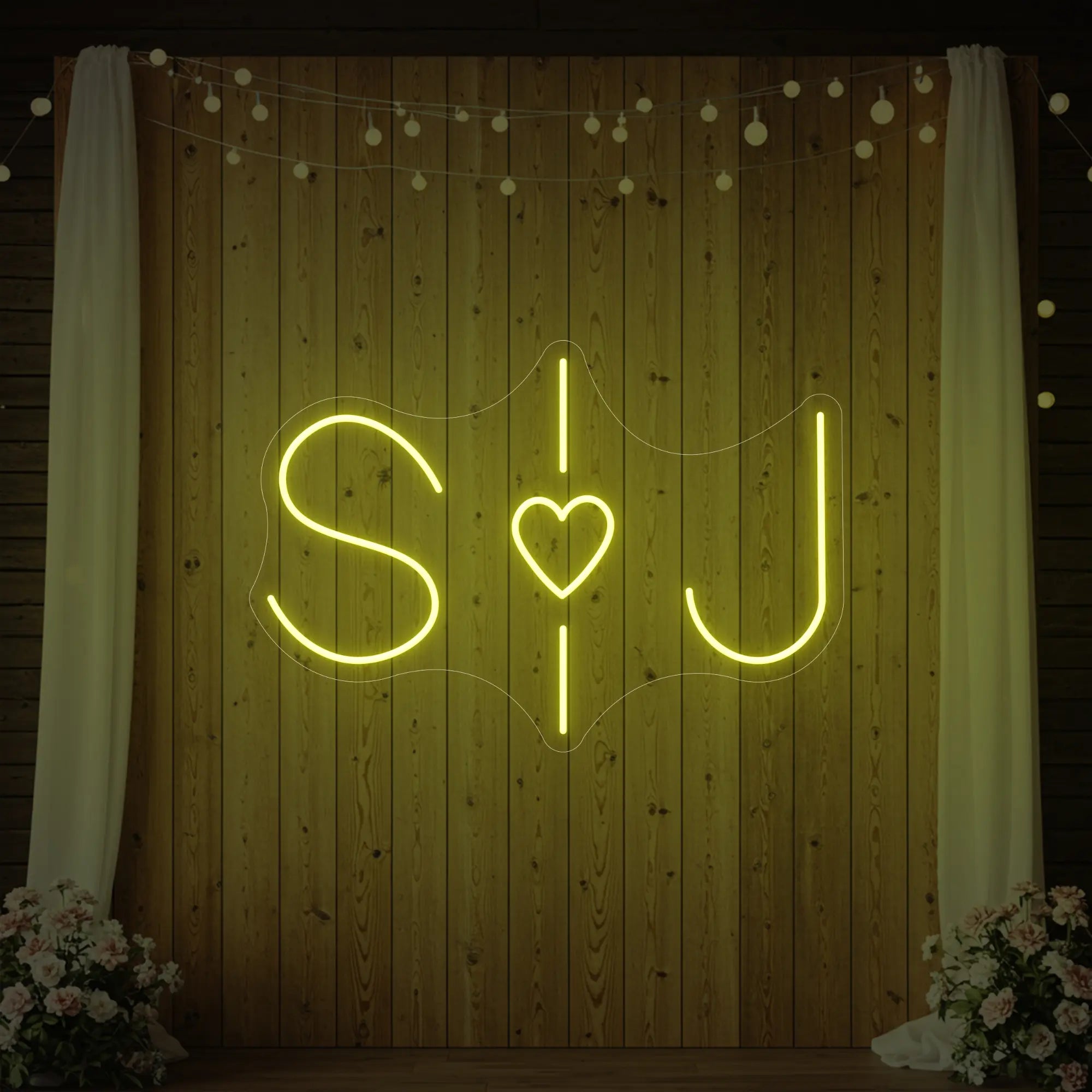 Photo of the 'Wedding Initials Custom Neon Sign V6' neon sign glowing in lemon yellow against a styled interior wall.