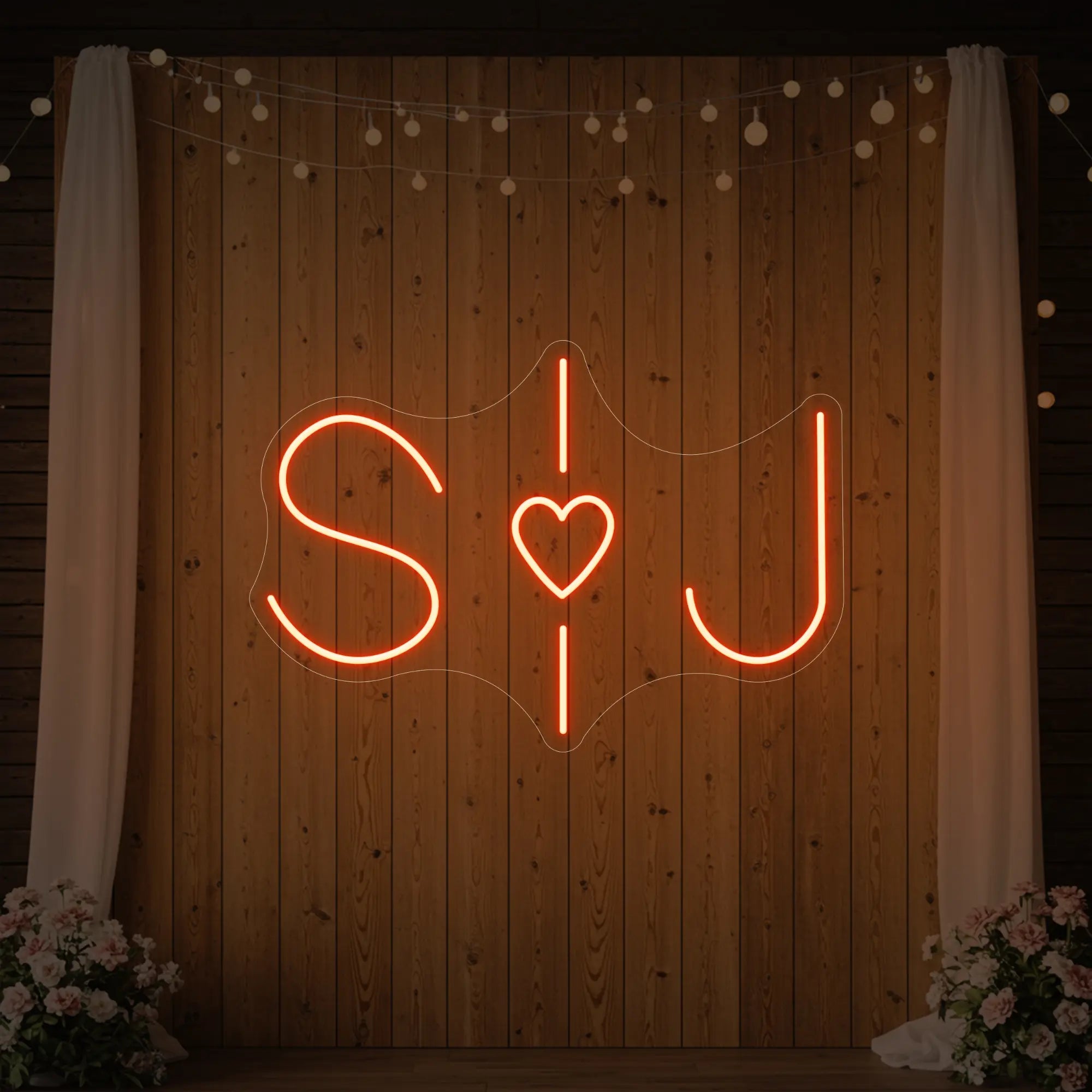 Photo of the 'Wedding Initials Custom Neon Sign V6' neon sign glowing in golden yellow against a styled interior wall.