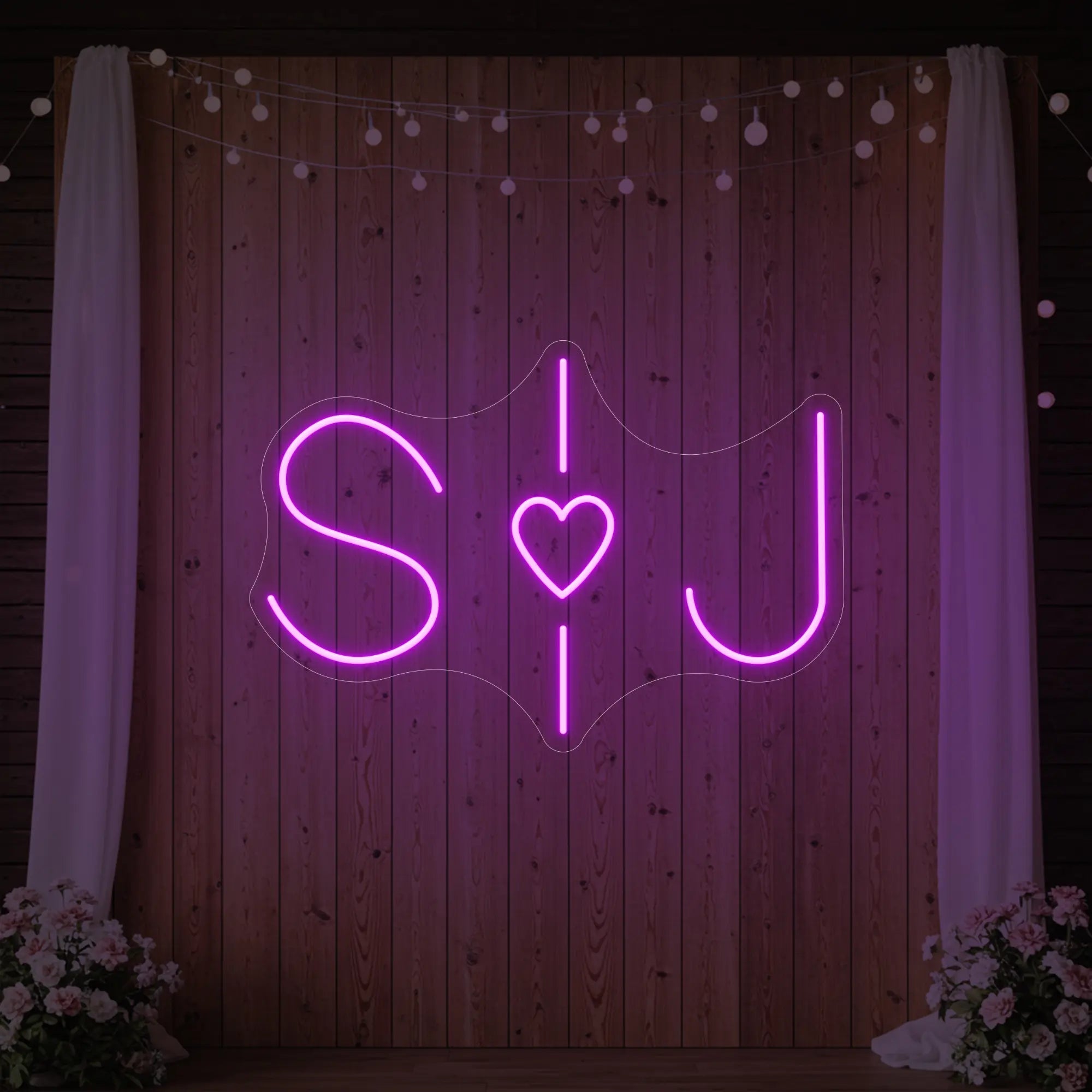 Photo of the 'Wedding Initials Custom Neon Sign V6' neon sign glowing in deep pink against a styled interior wall.