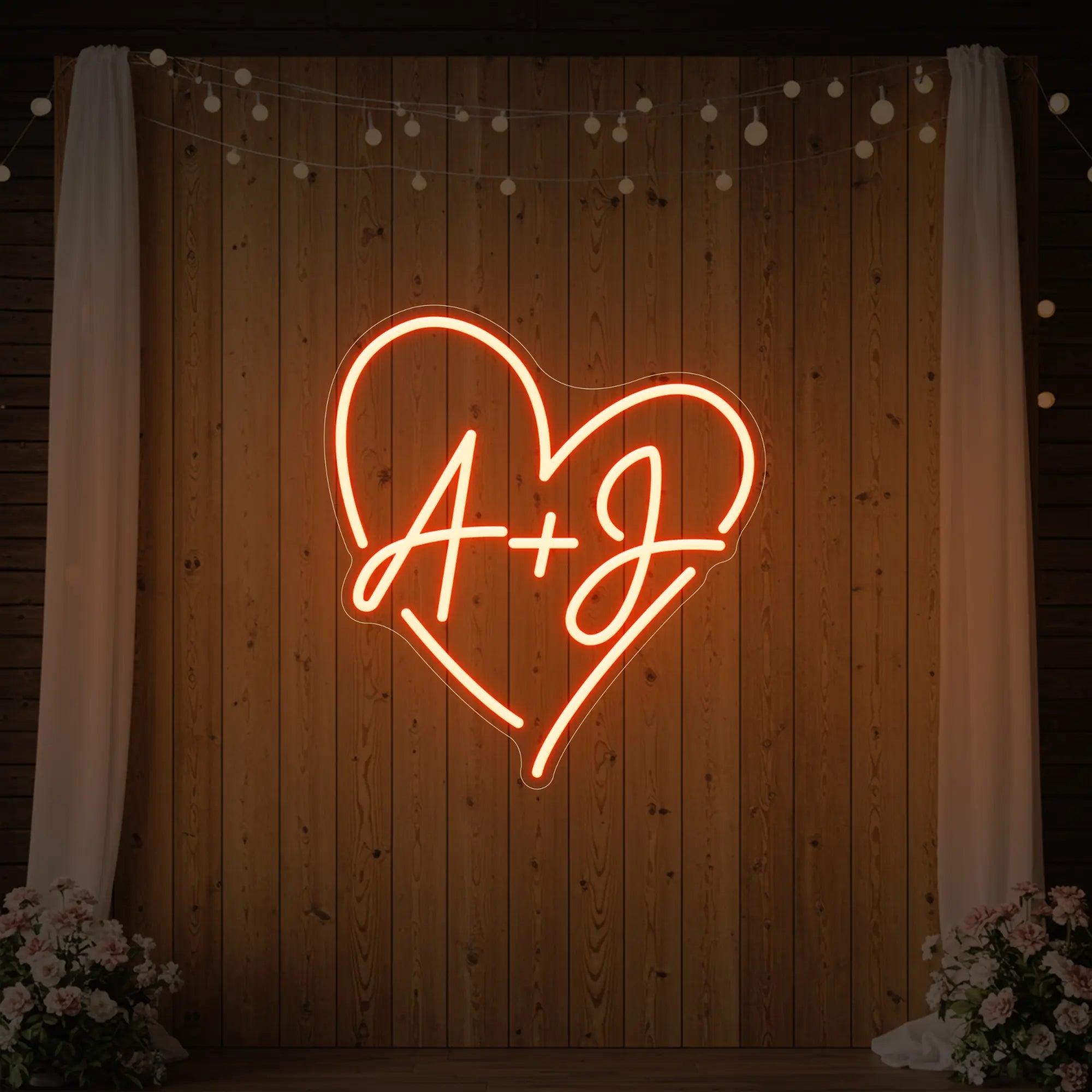 Photo of the 'Wedding Initials Custom Neon Sign V7' neon sign glowing in lemon yellow against a styled interior wall.