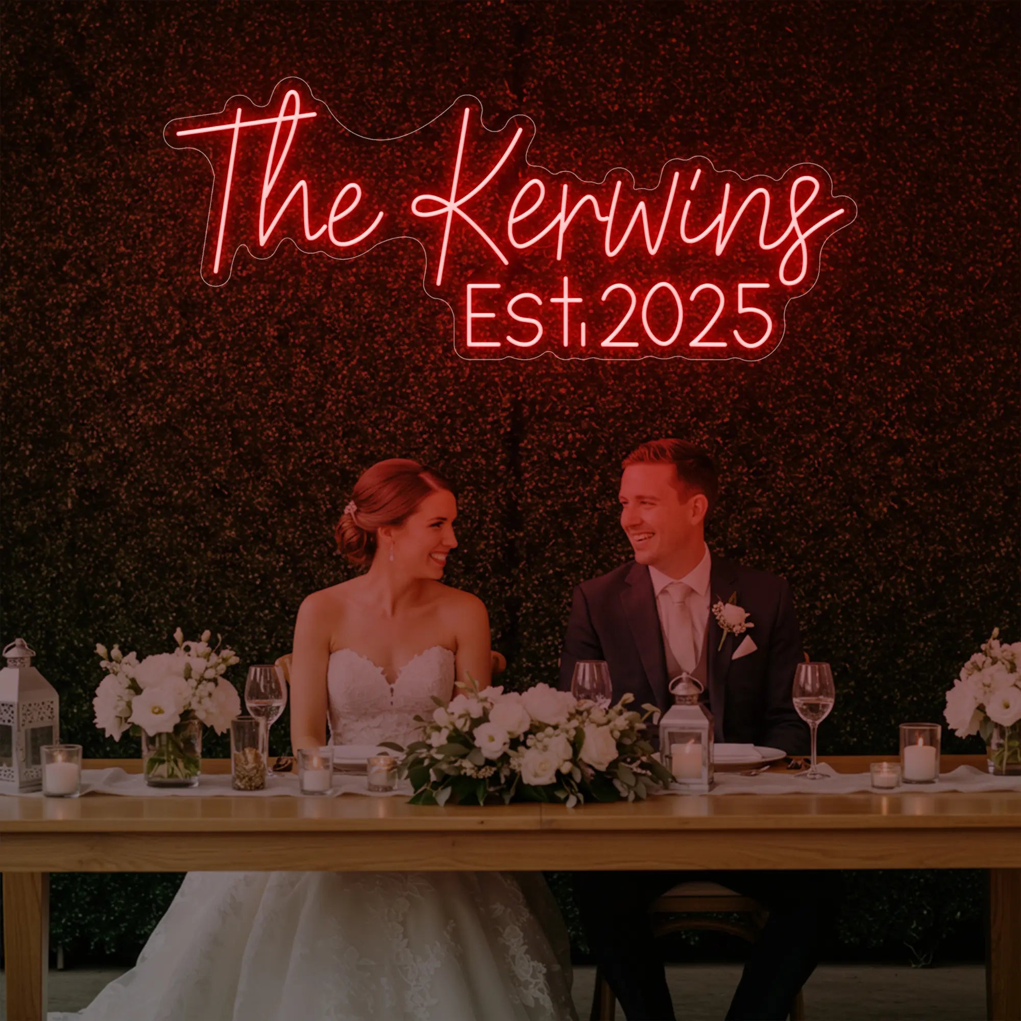 Photo of the 'Wedding Last Names Custom Neon Sign V5' neon sign glowing in red against a styled interior wall.
