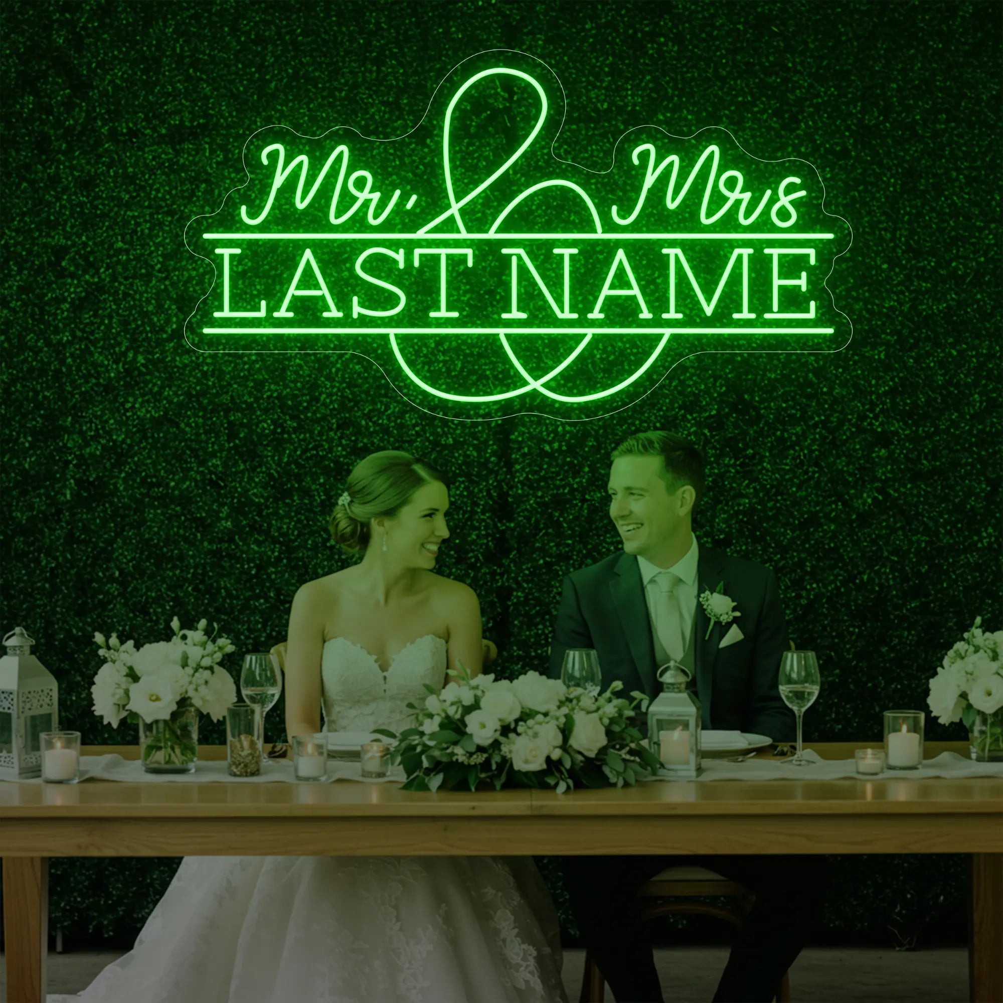 Photo of the 'Wedding Last Names Custom Neon Sign V6' neon sign glowing in green against a styled interior wall.