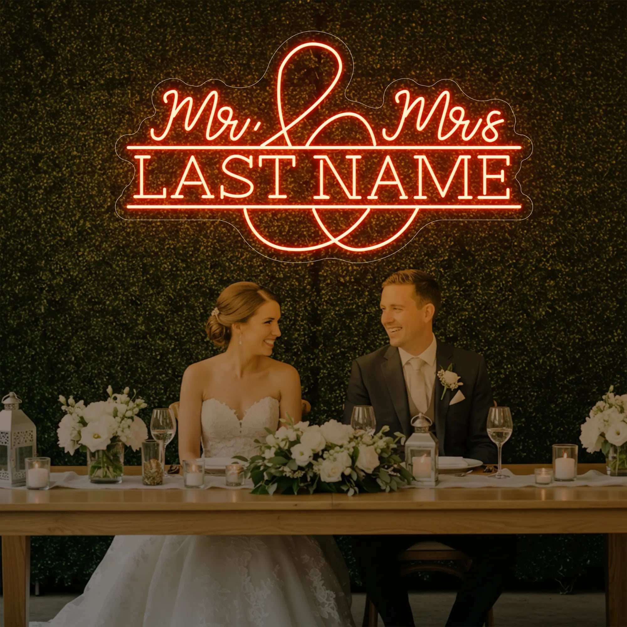 Photo of the 'Wedding Last Names Custom Neon Sign V6' neon sign glowing in golden yellow against a styled interior wall.
