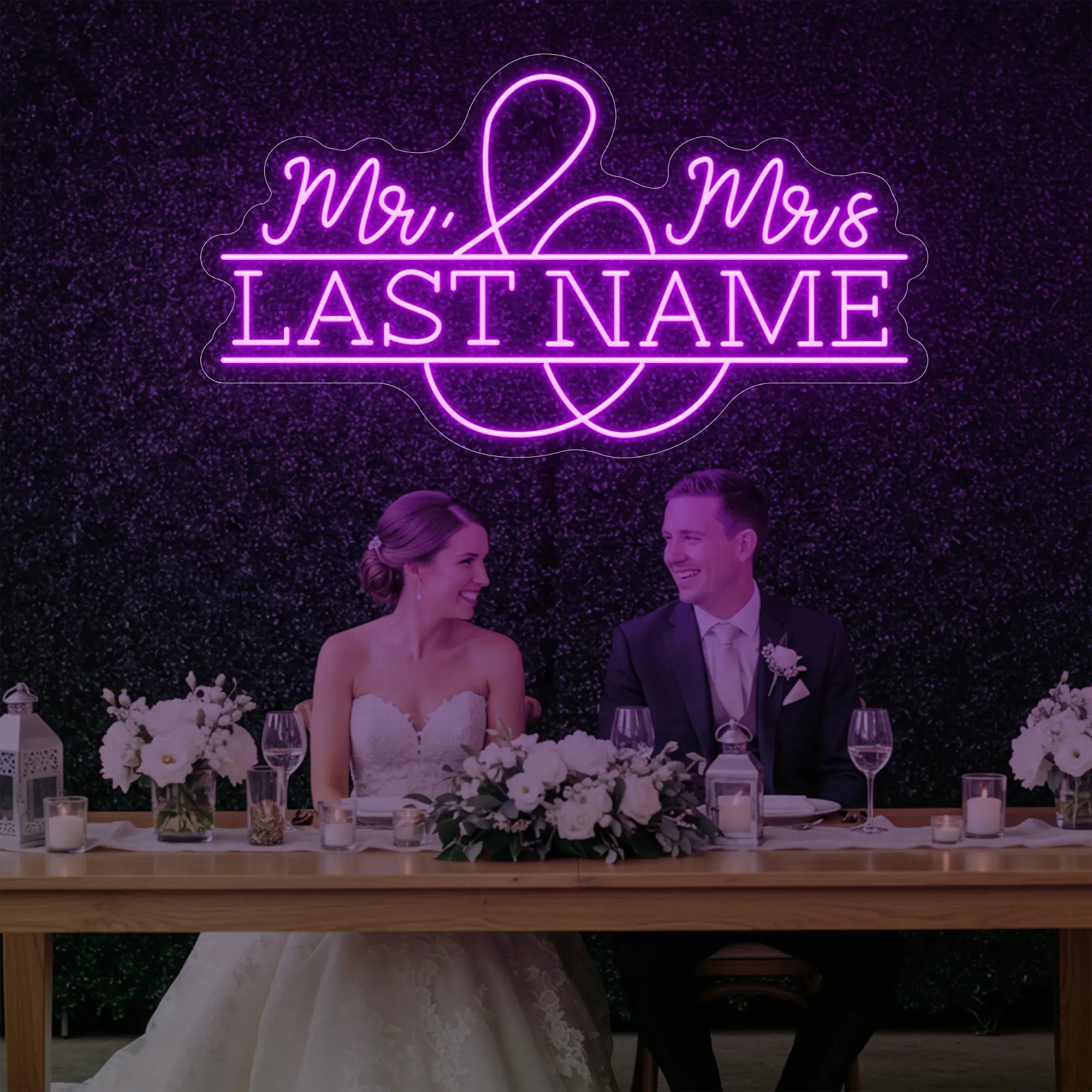Photo of the 'Wedding Last Names Custom Neon Sign V6' neon sign glowing in deep pink against a styled interior wall.