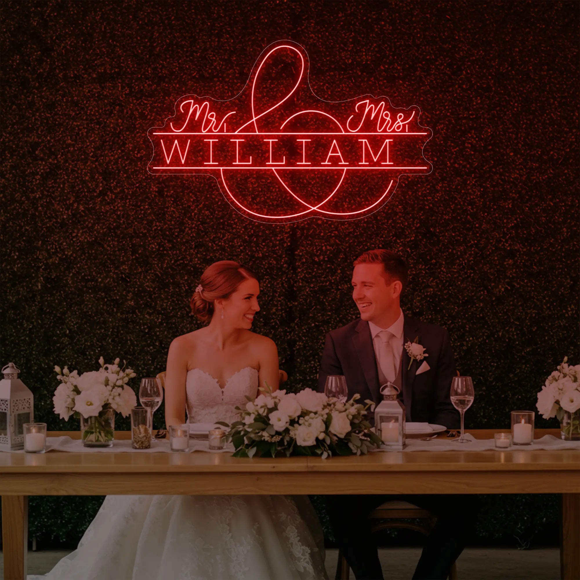 Photo of the 'Wedding Last Names Custom Neon Sign V3' neon sign glowing in red against a styled interior wall.