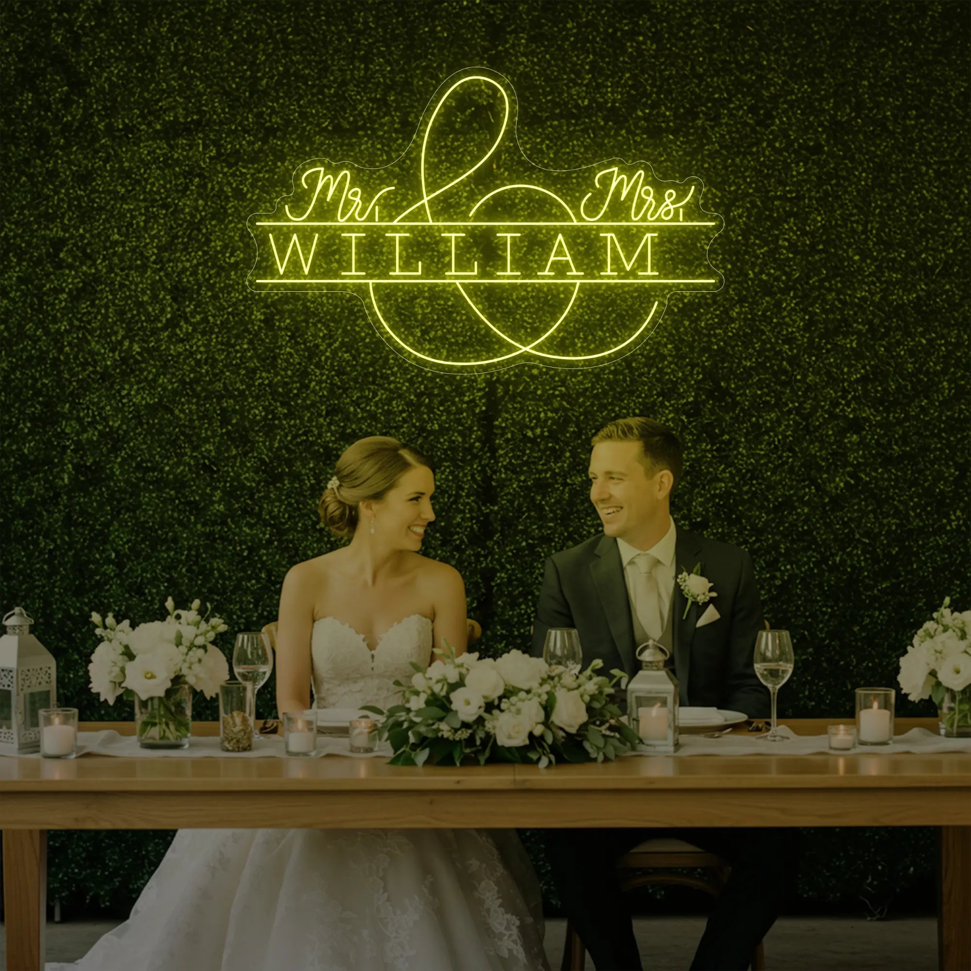 Photo of the 'Wedding Last Names Custom Neon Sign V3' neon sign glowing in lemon yellow against a styled interior wall.