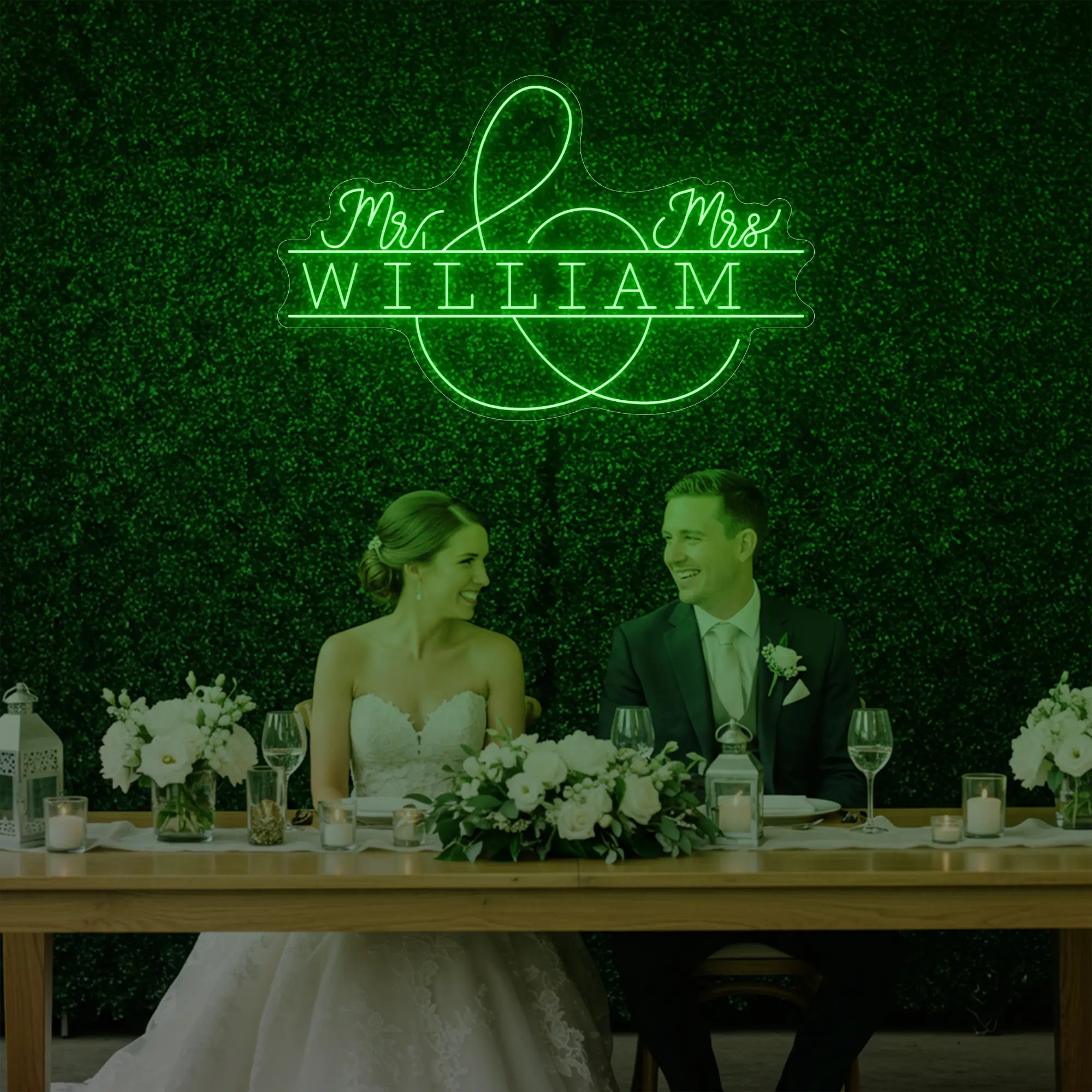 Photo of the 'Wedding Last Names Custom Neon Sign V3' neon sign glowing in green against a styled interior wall.