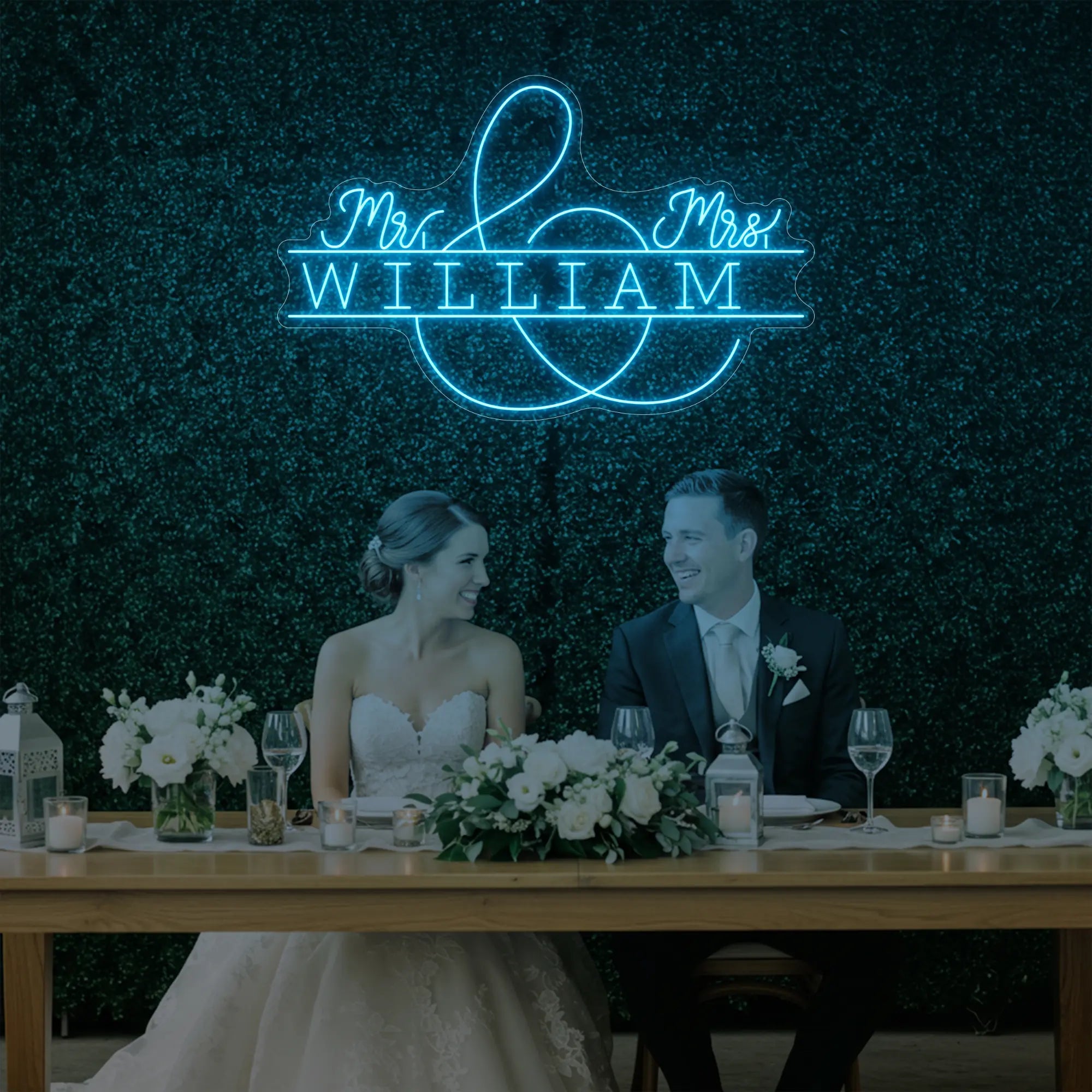 Photo of the 'Wedding Last Names Custom Neon Sign V3' neon sign glowing in ice blue against a styled interior wall.