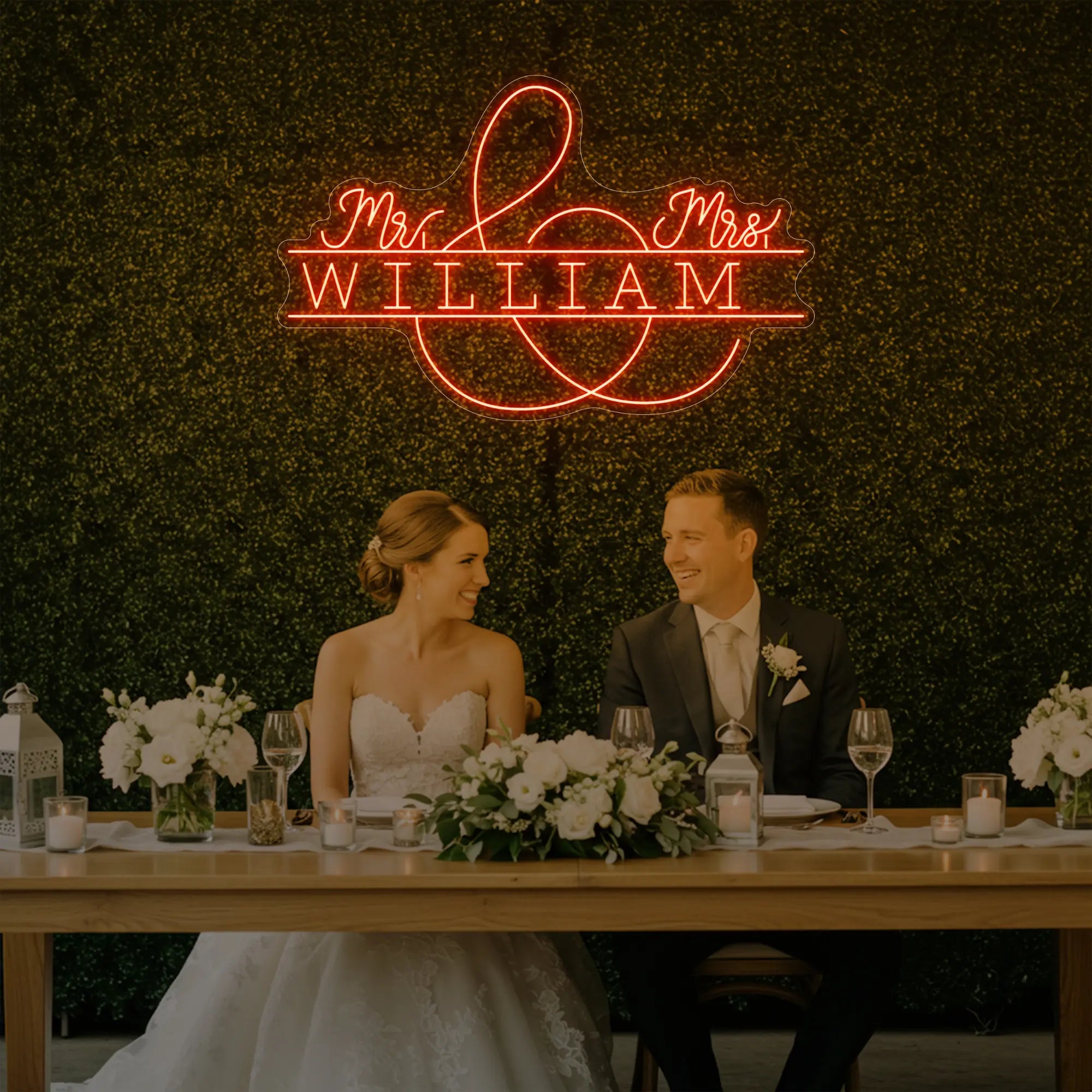 Photo of the 'Wedding Last Names Custom Neon Sign V3' neon sign glowing in golden yellow against a styled interior wall.