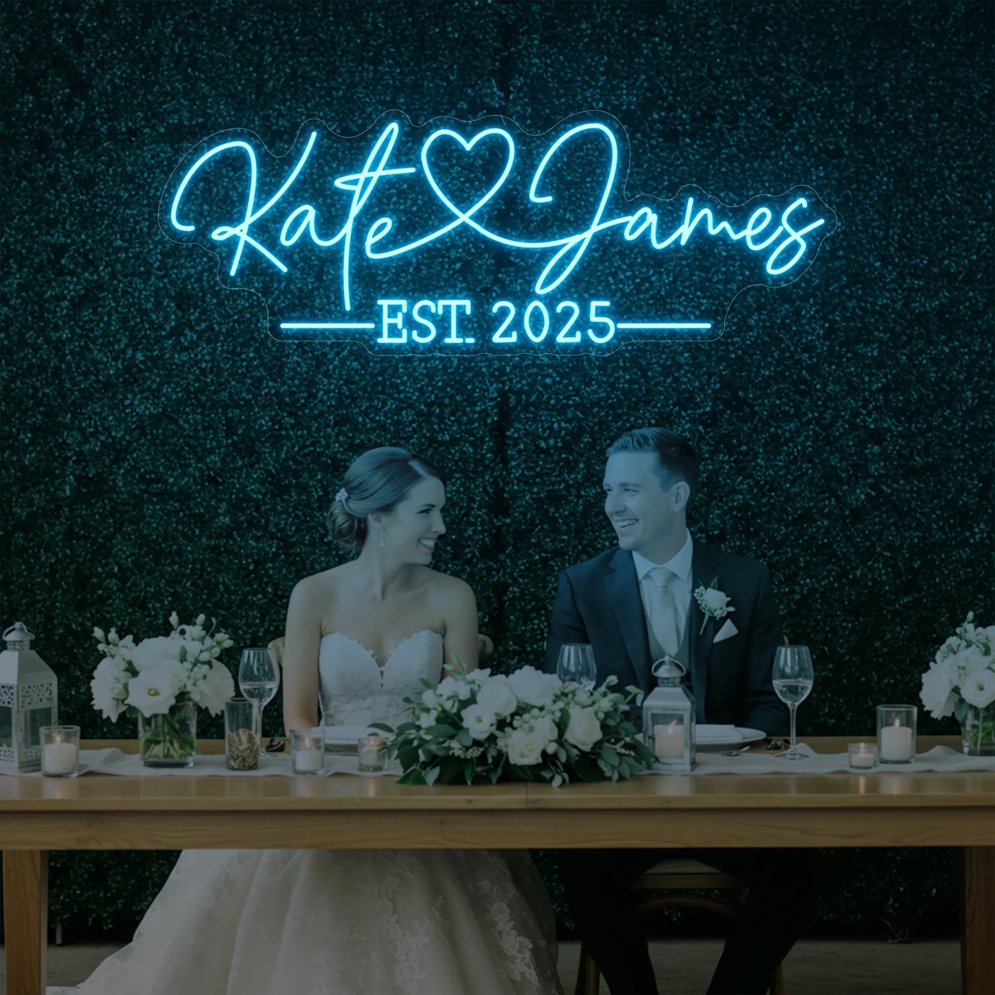Photo of the 'Wedding Names Custom Neon Sign' neon sign glowing in ice blue against a styled interior wall.