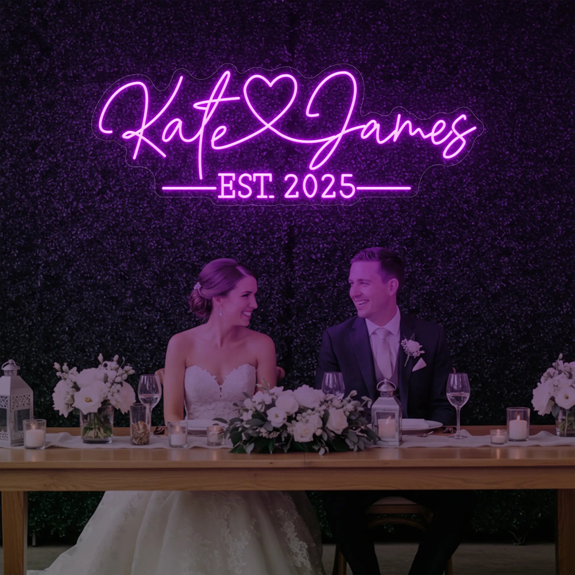 Photo of the 'Wedding Names Custom Neon Sign' neon sign glowing in deep pink against a styled interior wall.