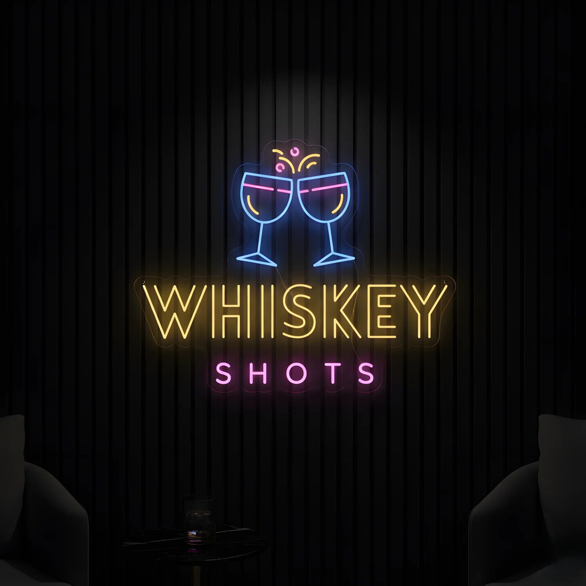 Photo of the 'Whiskey Shots' neon sign glowing in multi-color against a whiskey bar-inspired wall.