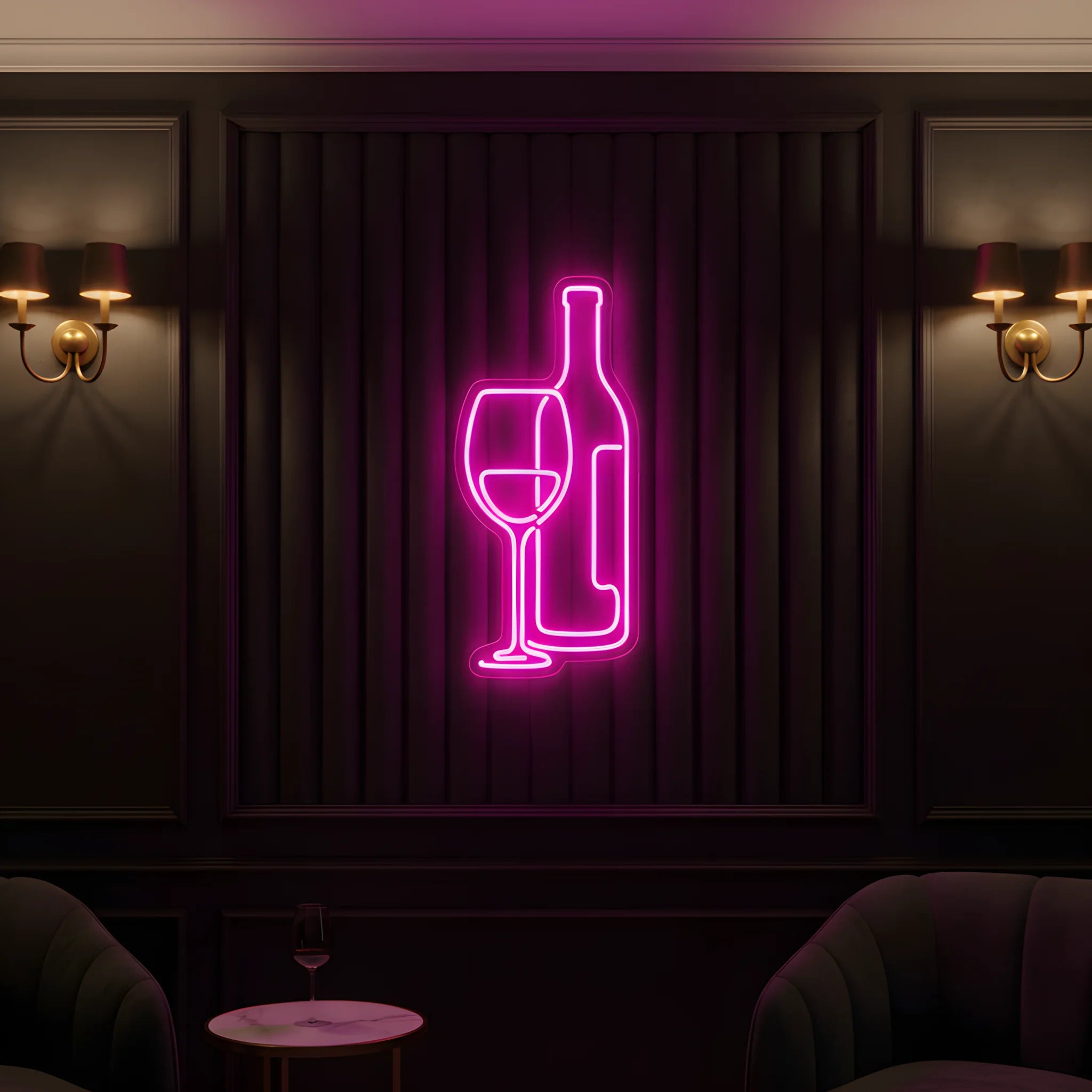 Photo of the 'Wine and Glass Version 1' neon sign glowing in pink against a stylish wine bar-inspired wall.