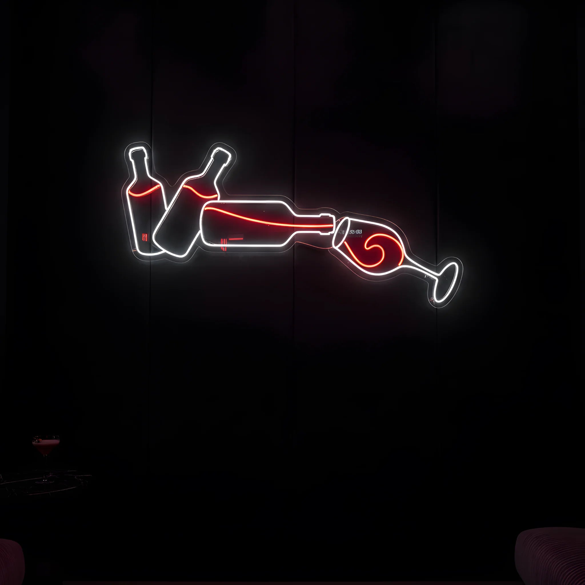 Photo of the 'Wine and Glass Version 1' neon sign glowing in multi-color against a cozy wine bar-inspired wall.