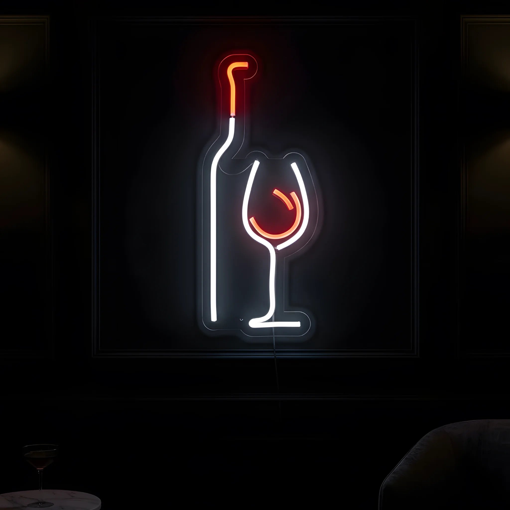 Photo of the 'Wine and Glass Version 3' neon sign glowing in multi-color against a sophisticated wine bar-inspired wall.