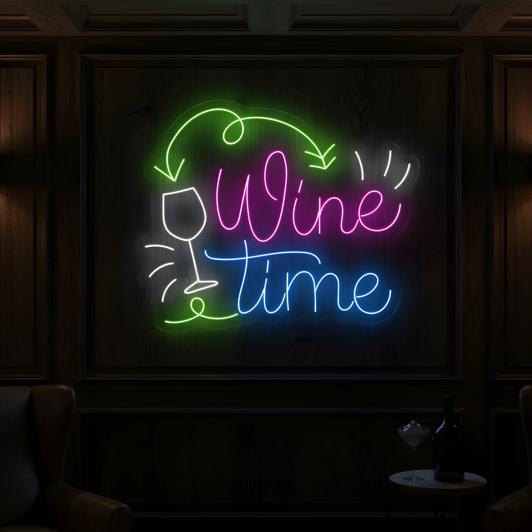 Photo of the 'Wine Time' neon sign glowing in multi-color against a cozy wine bar-inspired wall.