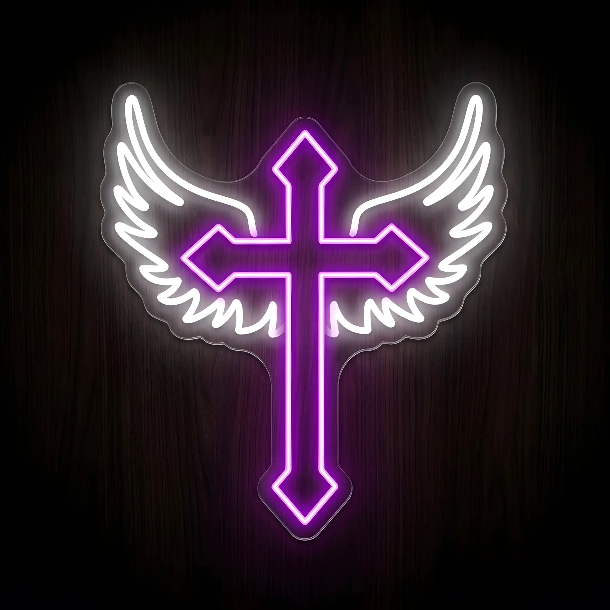 Winged Cross LED neon sign featuring a vibrant purple Christian cross with white angel wings on a precision-cut clear acrylic backing for inspirational Christian wall decor.
