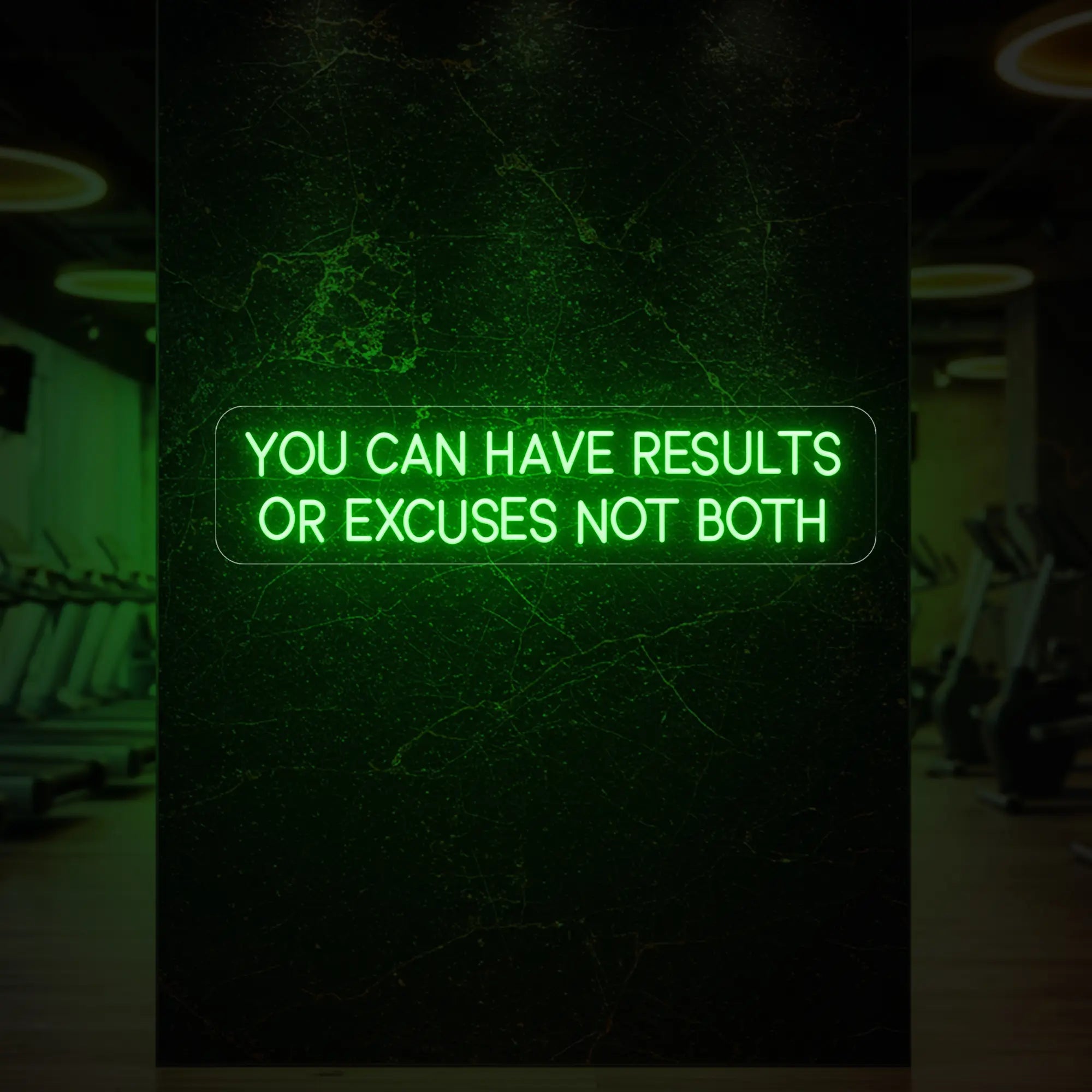 'YOU CAN HAVE RESULTS OR EXCUSES NOT BOTH' neon sign glowing in green against a styled interior wall.