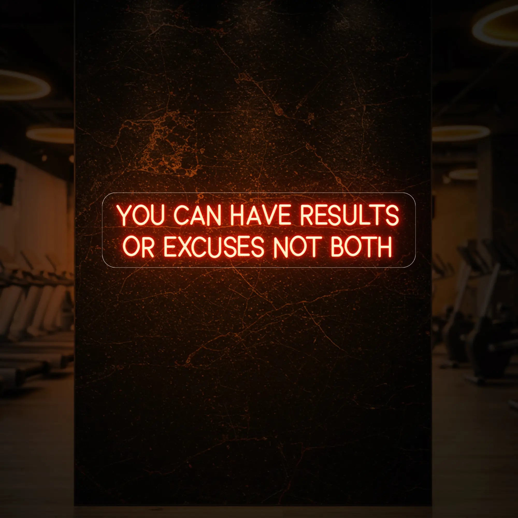'YOU CAN HAVE RESULTS OR EXCUSES NOT BOTH' neon sign glowing in golden yellow against a styled interior wall.