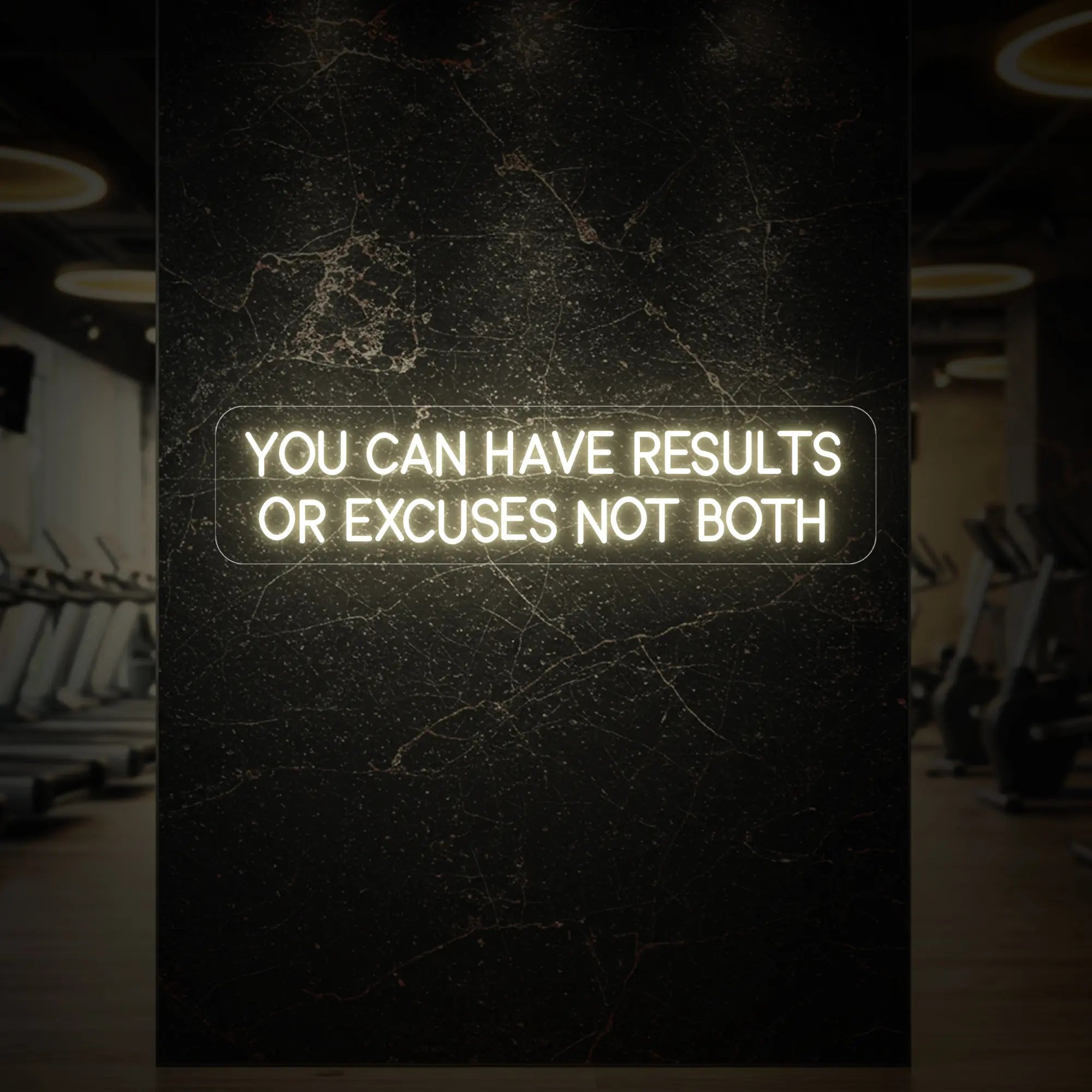 'YOU CAN HAVE RESULTS OR EXCUSES NOT BOTH' neon sign glowing in warm white against a styled interior wall.