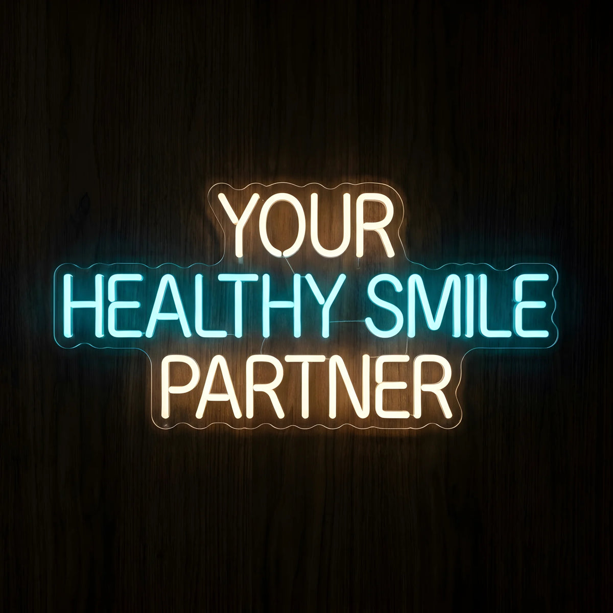 Your Healthy Smile Partner LED neon sign featuring warm white YOUR and PARTNER lettering with bright cyan-blue HEALTHY SMILE text on clear acrylic backing for dental clinic wall decor.