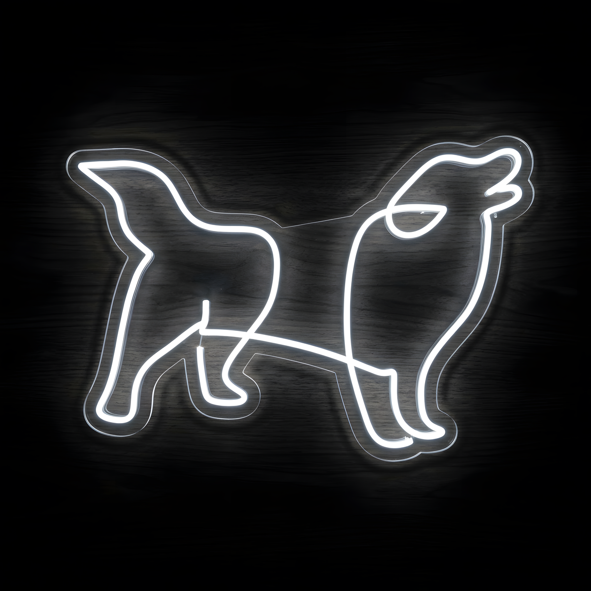 Barking Dog Outline LED Neon Sign featuring a bright white line-art silhouette of a standing dog with its head raised, displayed on clear acrylic backing for dog lovers, pet stores, grooming salons, veterinary clinics, dog daycare facilities, and pet-themed wall decor
