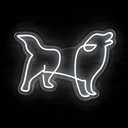 Barking Dog Outline LED Neon Sign featuring a bright white line-art silhouette of a standing dog with its head raised, displayed on clear acrylic backing for dog lovers, pet stores, grooming salons, veterinary clinics, dog daycare facilities, and pet-themed wall decor