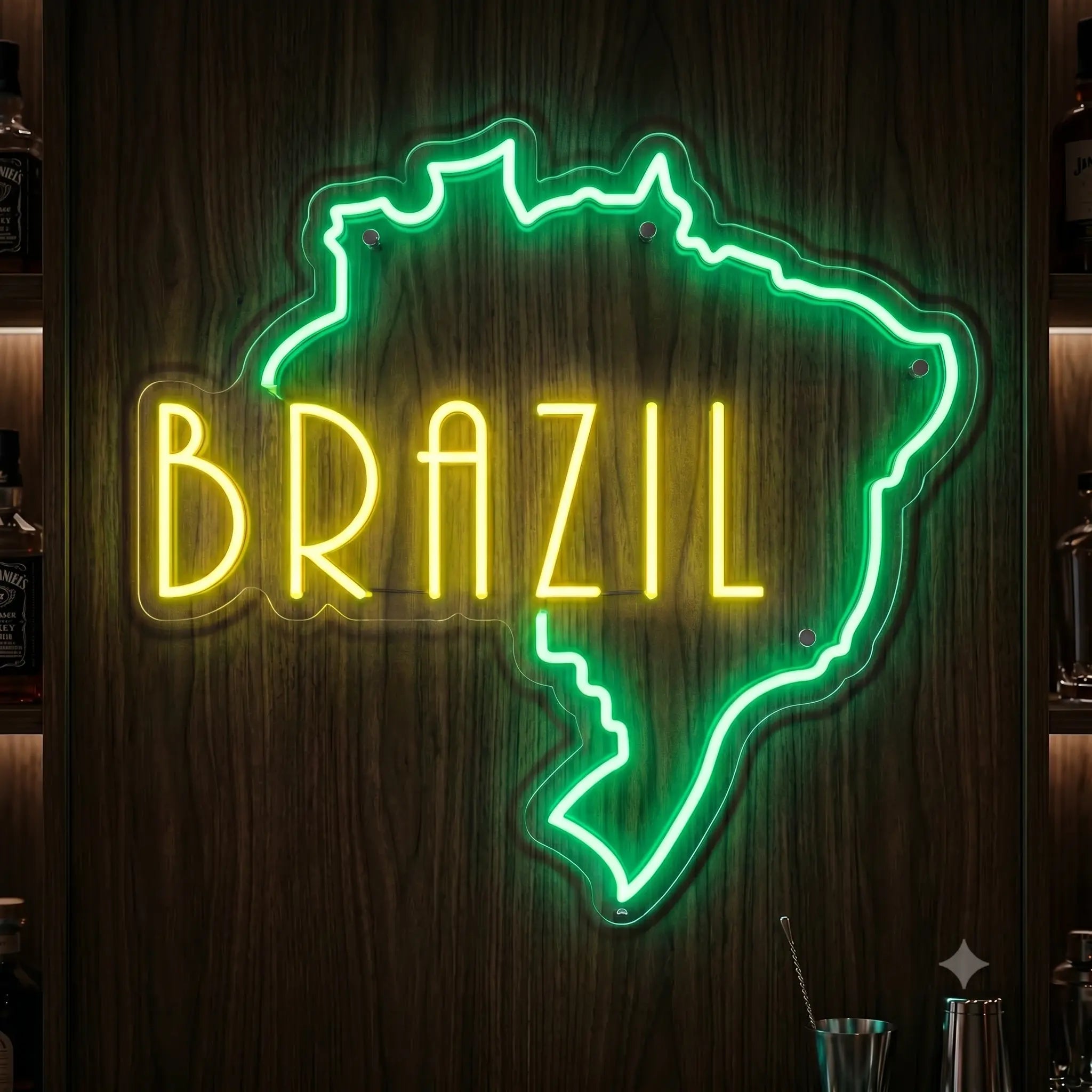 Brazil LED neon sign featuring country outline and yellow Brazil lettering