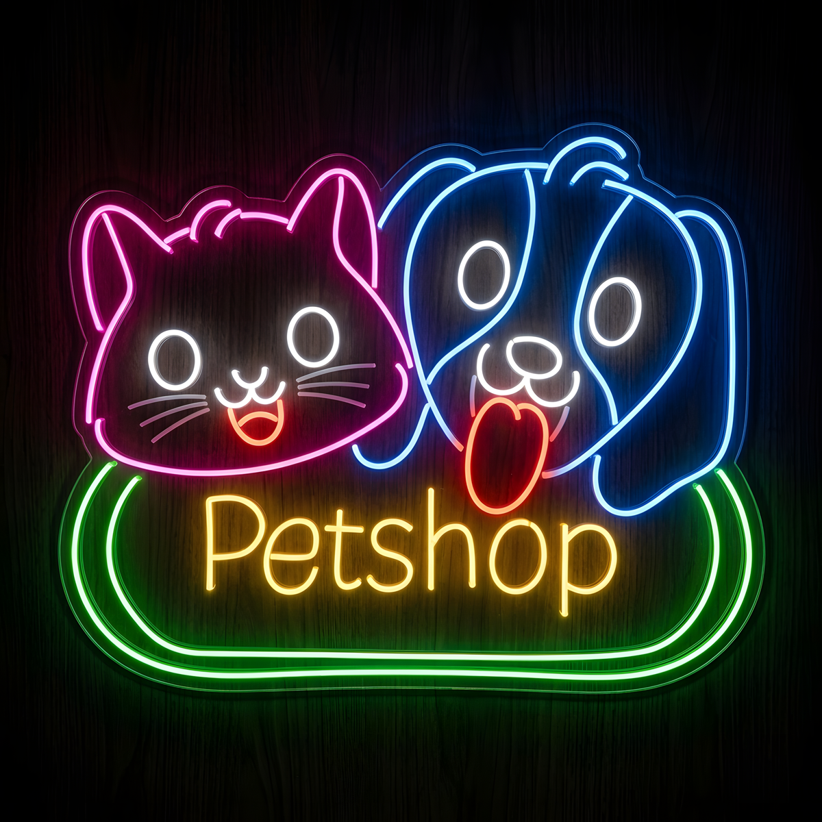 Cat & Dog Petshop LED Neon Sign featuring colorful glowing cat and dog faces with yellow Petshop lettering and a green border, designed for pet stores, pet boutiques, grooming salons, veterinary clinics, daycare facilities, and animal-focused business wall decor