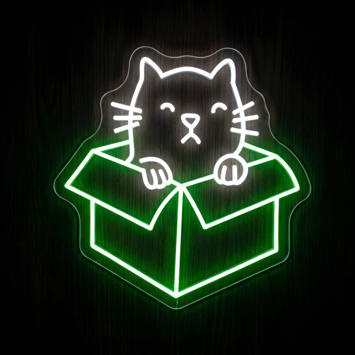 Cat in a Box LED Neon Sign featuring a cute cat peeking from an open box