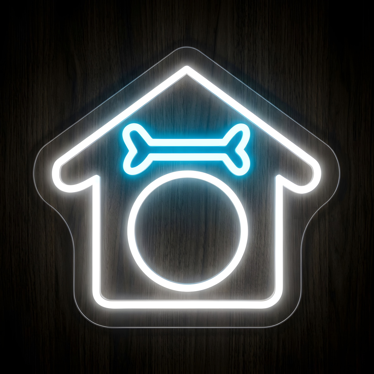 Cozy Pet House LED Neon Sign featuring a glowing pet house outline with a blue dog bone and circular entrance for pet-themed wall decor