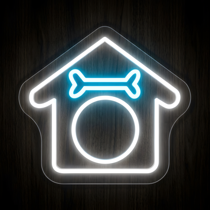 Cozy Pet House LED Neon Sign featuring a glowing pet house outline with a blue dog bone and circular entrance for pet-themed wall decor