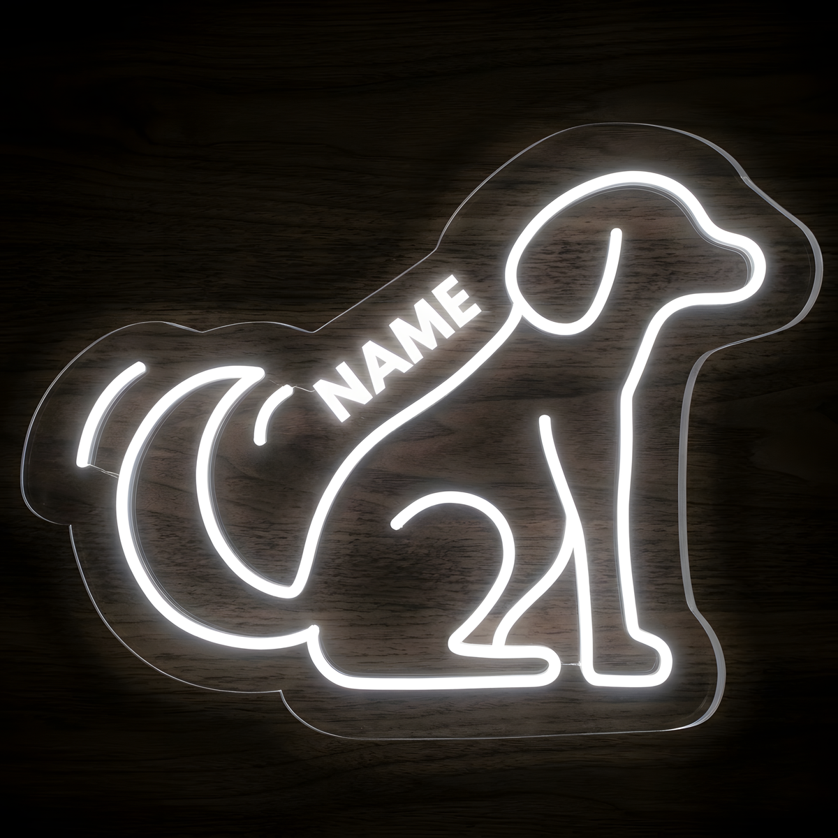 Custom Name Dog LED Neon Sign featuring a glowing white line-art dog silhouette with a personalized pet name across the design on clear acrylic backing, ideal for dog owners, pet room decor, grooming salons, veterinary clinics, pet boutiques, and personalized dog gifts