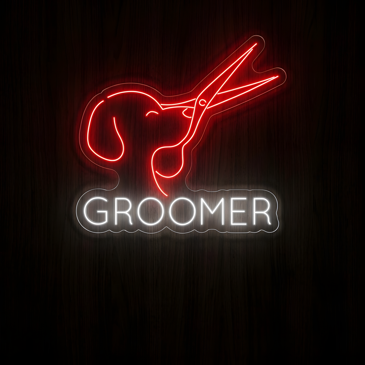 Dog Groomer Scissors LED Neon Sign featuring a glowing dog profile integrated with grooming scissors and GROOMER lettering for pet grooming salon wall decor