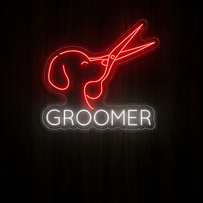 Dog Groomer Scissors LED Neon Sign featuring a glowing dog profile integrated with grooming scissors and GROOMER lettering for pet grooming salon wall decor
