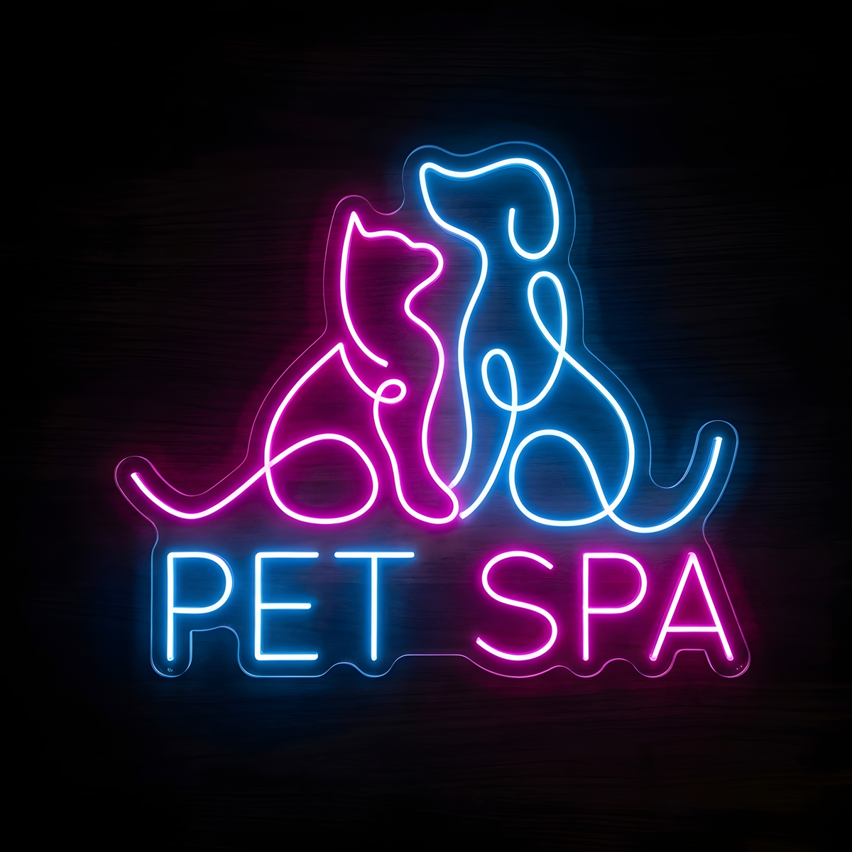 Dog & Cat Pet Spa LED Neon Sign featuring pink and blue glowing line-art silhouettes of a cat and dog above the words PET SPA on clear acrylic backing, ideal for pet grooming salons, dog and cat groomers, pet spas, veterinary clinics, pet boutiques, and pet wellness businesses