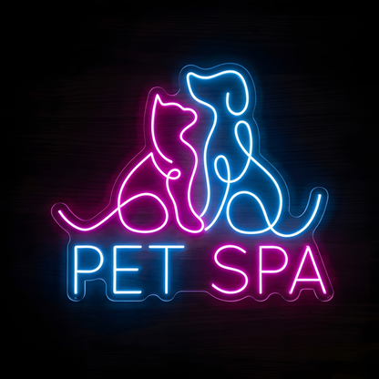 Dog & Cat Pet Spa LED Neon Sign featuring pink and blue glowing line-art silhouettes of a cat and dog above the words PET SPA on clear acrylic backing, ideal for pet grooming salons, dog and cat groomers, pet spas, veterinary clinics, pet boutiques, and pet wellness businesses