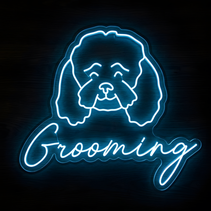 Fluffy Dog Grooming LED Neon Sign featuring a glowing fluffy dog face above Grooming script lettering for pet grooming salon and dog groomer wall decor