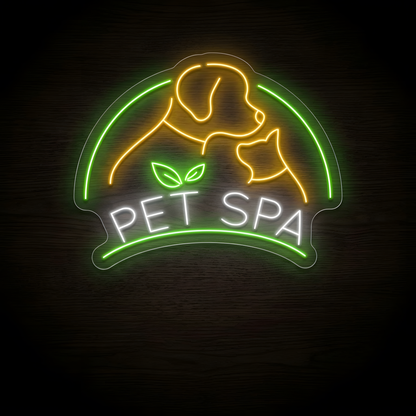 Green Leaf Pet Spa LED Neon Sign featuring glowing dog and cat outlines in warm golden yellow, bright white PET SPA lettering, green leaf accents, and a green illuminated border on clear acrylic backing, designed for pet spas, grooming salons, veterinary clinics, pet wellness centers, and animal care businesses