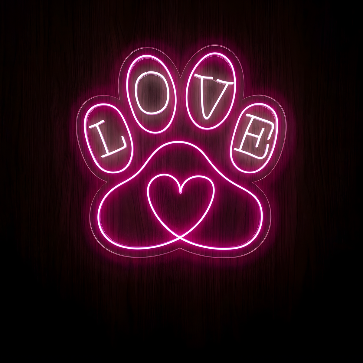 Love My Pets Paw LED Neon Sign featuring a glowing pink paw print with LOVE lettering across the toe pads and a heart-shaped center for pet lover wall decor