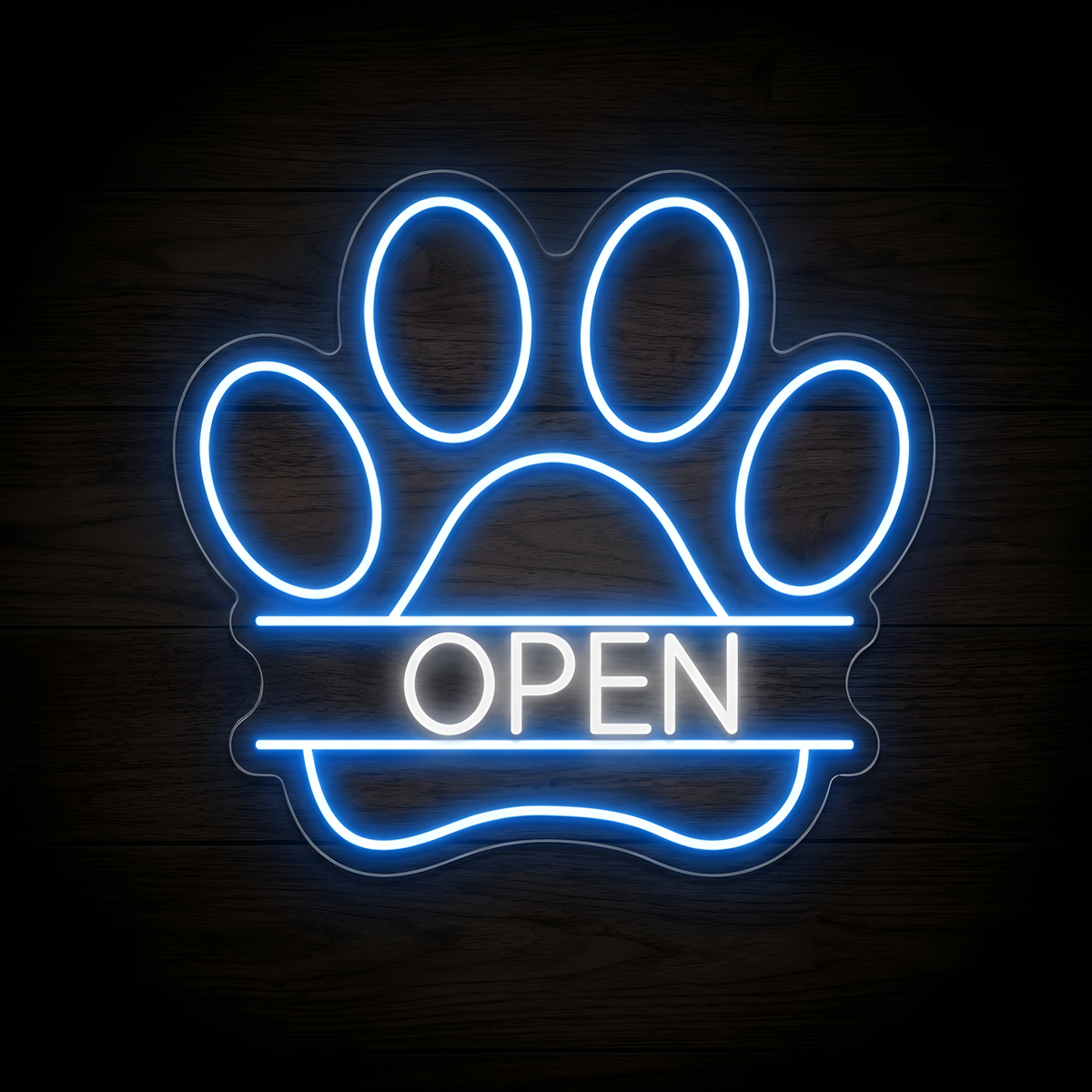 Paw Print Open LED Neon Sign featuring a large glowing blue paw print with bright OPEN lettering for pet shop, grooming salon, and pet business wall decor