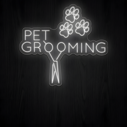 Paws Pet Grooming LED Neon Sign featuring bright white PET GROOMING lettering, three glowing paw prints, and grooming scissors for dog groomers, pet salons, pet spas, and grooming business wall decor