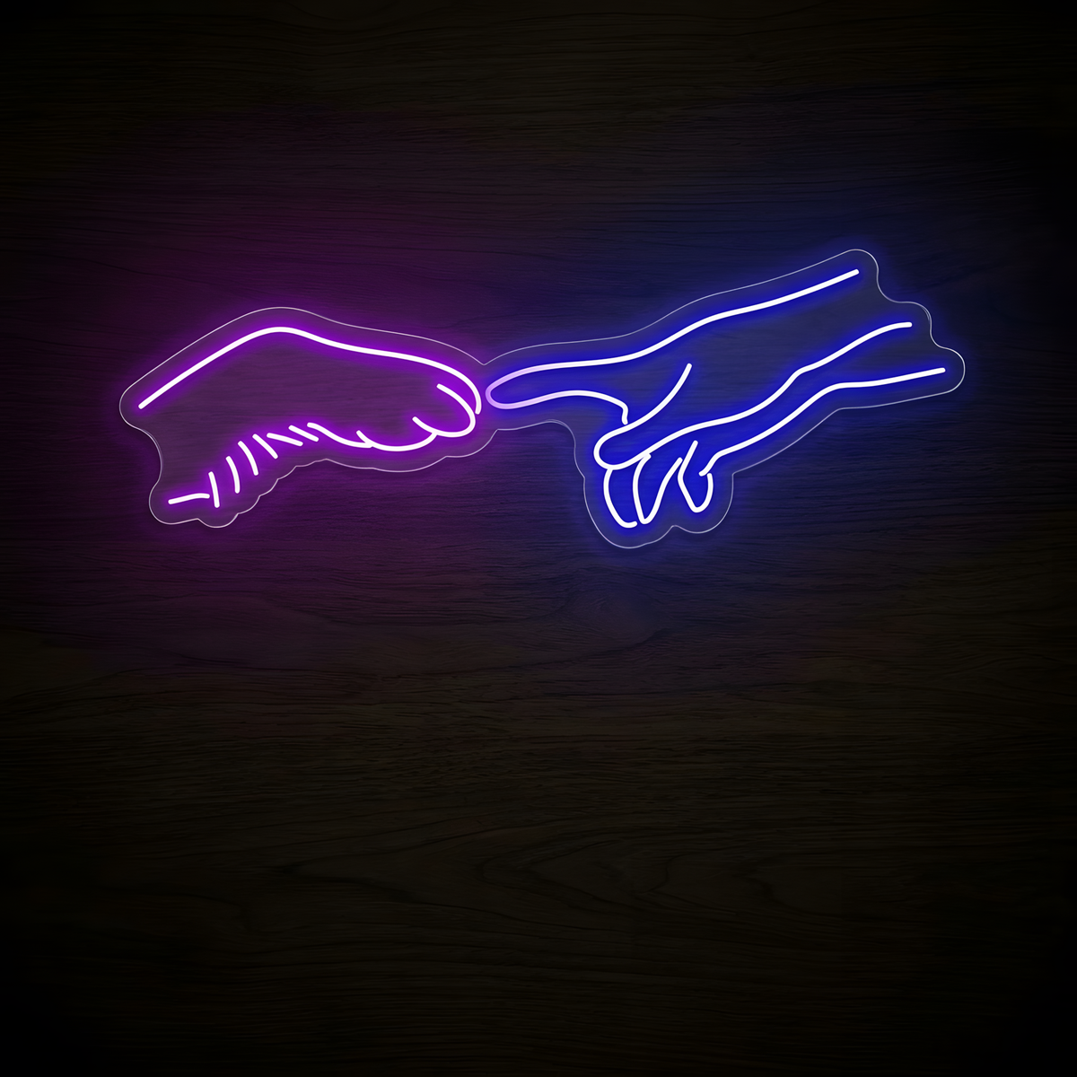 Paws Together LED Neon Sign featuring a purple pet paw reaching toward a blue human hand in a glowing line-art design on clear acrylic backing against a dark wood wall.