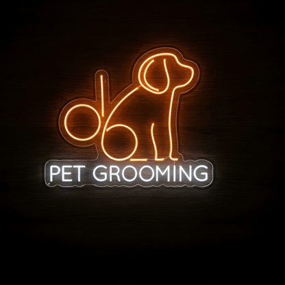 Pet Grooming Dog Outline LED Neon Sign featuring a warm orange seated dog and grooming scissors design with bright white PET GROOMING lettering on clear acrylic backing, ideal for dog grooming salons, pet spas, grooming studios, reception areas, and pet care business storefronts