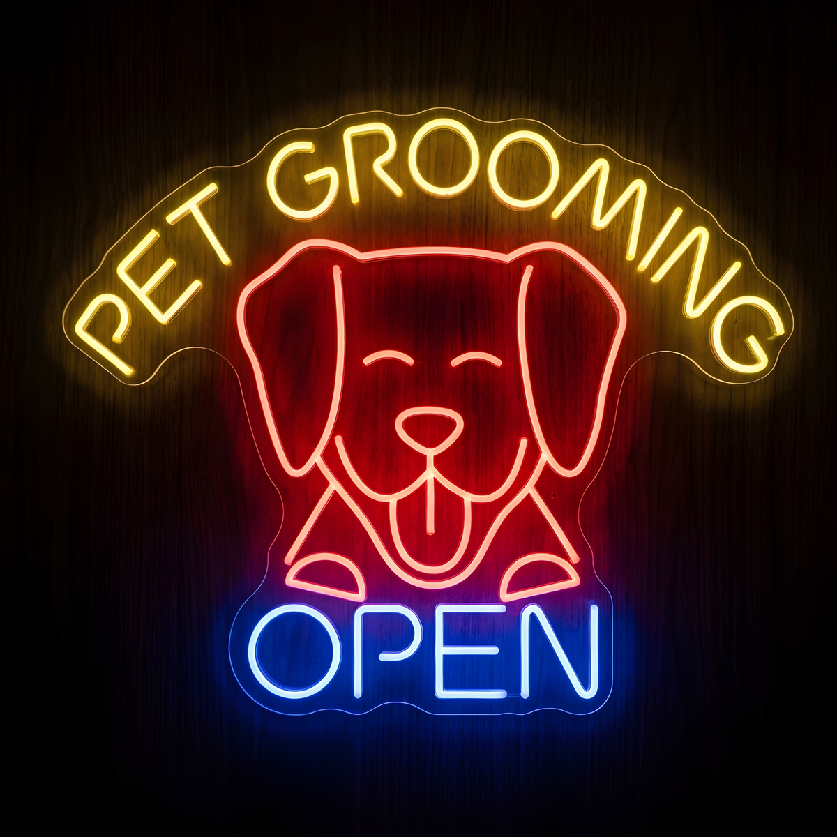 Pet Grooming Open LED Neon Sign featuring a cute red dog face with curved yellow PET GROOMING lettering and bright blue OPEN text on clear acrylic backing, designed for dog grooming salons, pet spas, pet care businesses, reception areas, and storefront windows