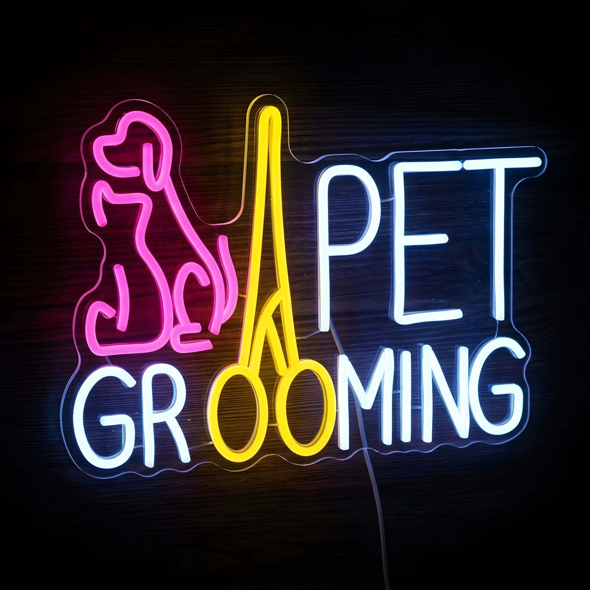 Pet Grooming Salon LED Neon Sign featuring a bright pink seated dog outline, oversized yellow grooming scissors, and illuminated white PET GROOMING lettering on clear acrylic backing, ideal for dog grooming salons, pet spas, grooming studios, reception areas, and pet care business storefronts