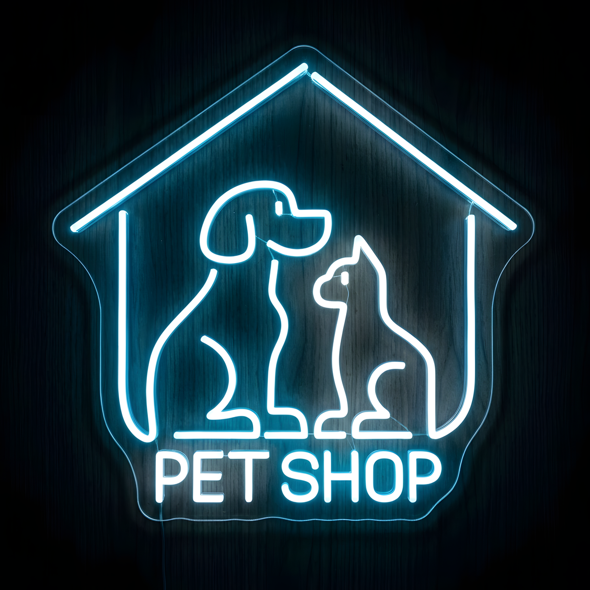 Pet Shop House LED Neon Sign featuring a glowing house outline with a sitting dog and cat above bright PET SHOP lettering for pet stores, pet supply shops, animal boutiques, and pet business wall decor