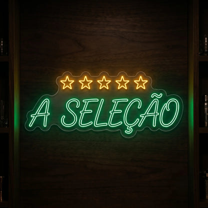 A Seleção Brazil LED neon sign featuring green lettering and five gold stars